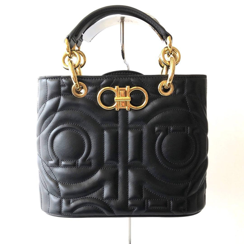 Salvatore Ferragamo Gancini Matelasse Top Handle Shoulder Bag Calfskin Black