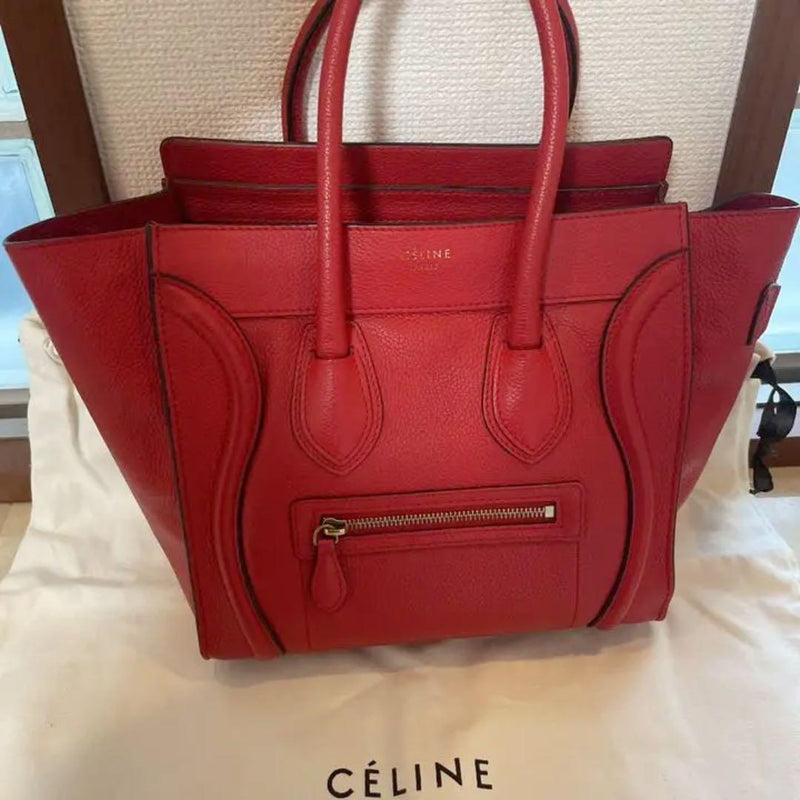 Celine Luggage Micro Tote Bag Handbag Genuine Leather Red