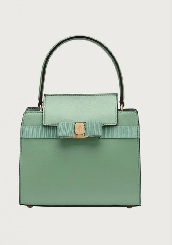 Ferragamo Vara Bow Tote Bag Green Leather Handbag