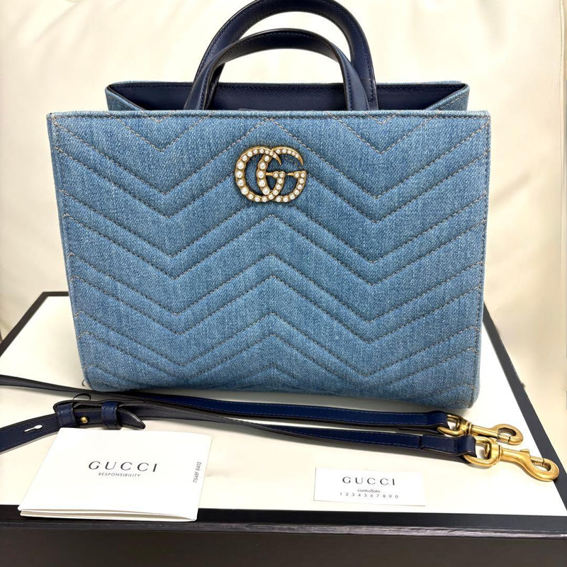 Gg Logo Pearl Denim Handbag Shoulder Bag Blue