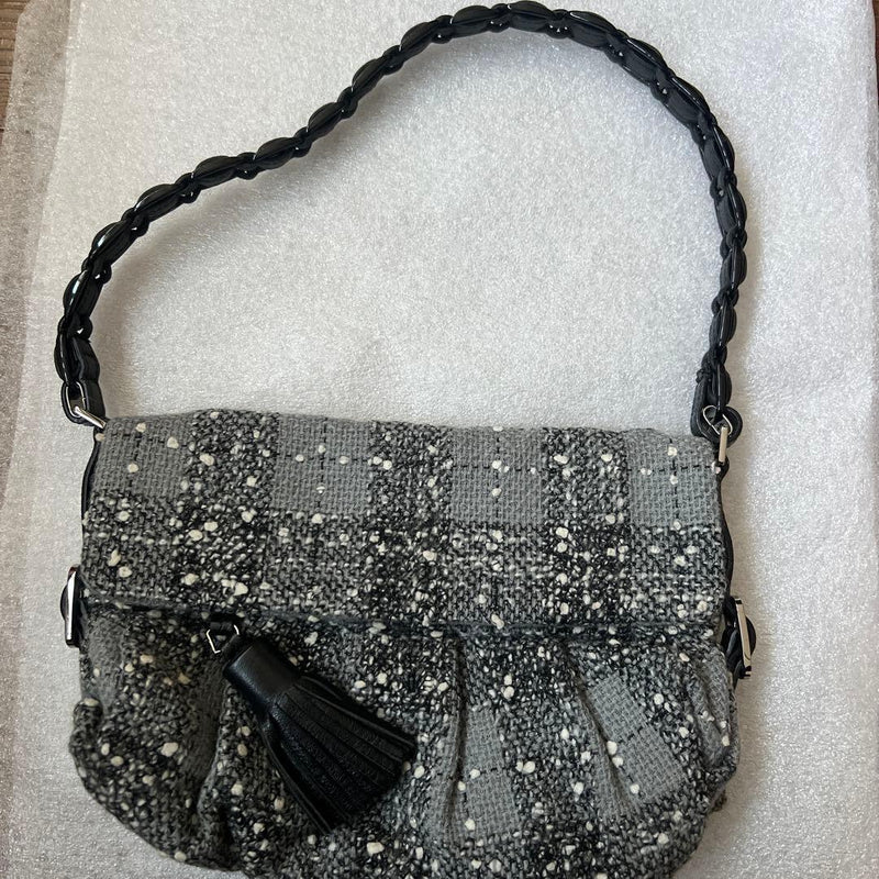 Ferragamo Tweed Check Handbag Shoulder Bag Gray Tassels