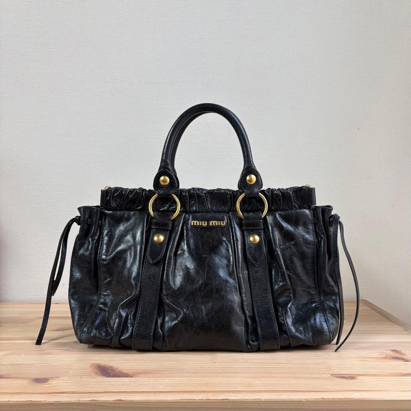 Miu Miu Vitello Lux Ribbon Bag Hand Shoulder Bag Black Leather