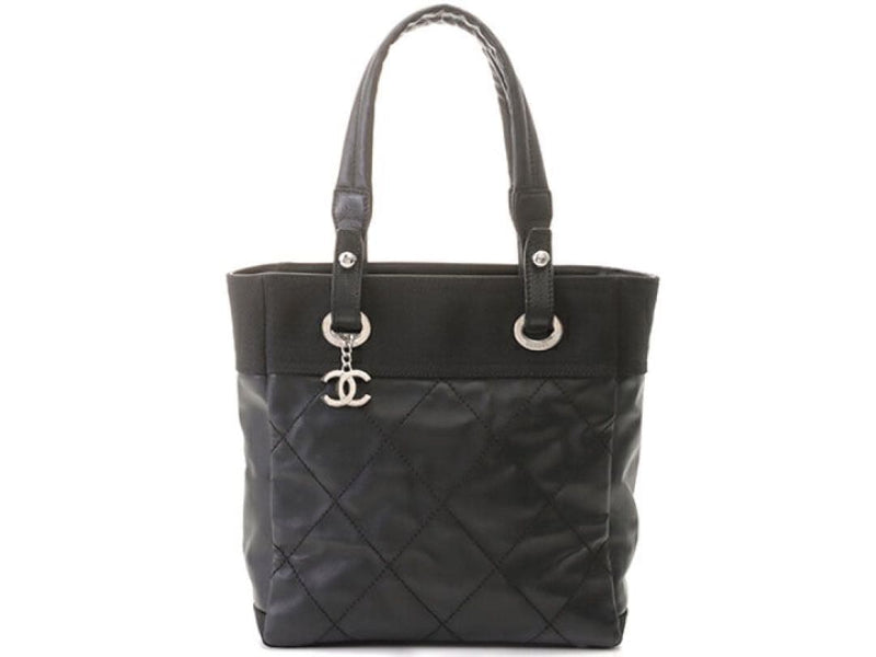 Chanel Paris Biarritz Tote Pm Handbag Canvas Leather Black Silver Hardware