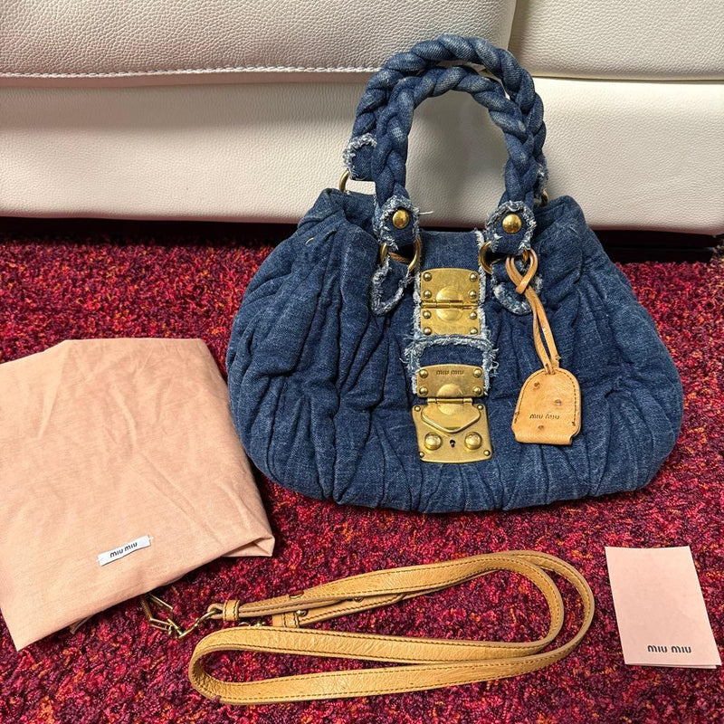 Miu Miu Matelasse Handbag Shoulder Bag Denim Ostrich Key Tag