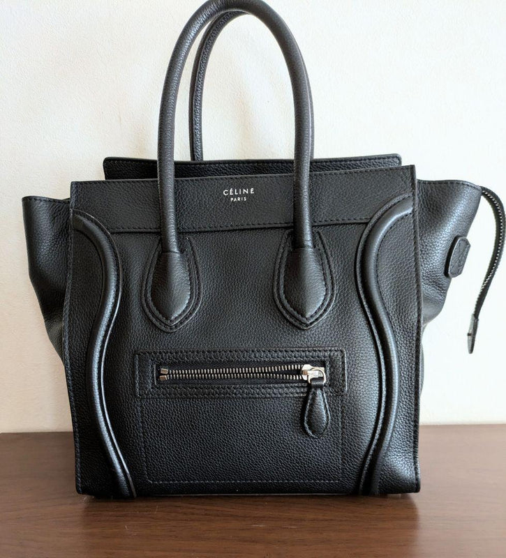 Celine Micro Luggage Handbag Drummed Calfskin Leather Black