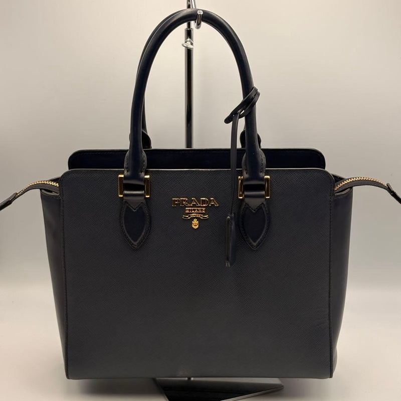 Prada Saffiano Smooth Leather Tote Bag Navy Blue Gold Hardware