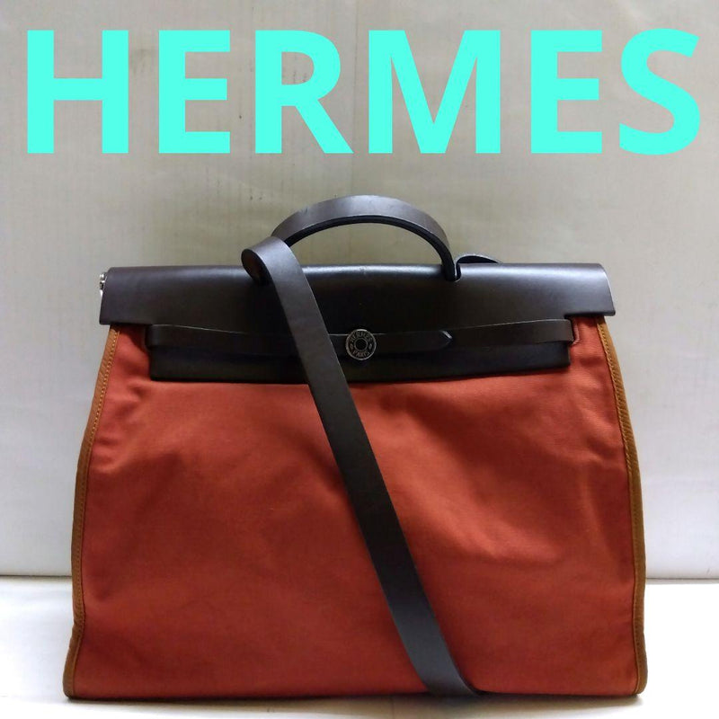 Hermes Herbag Zip 39 Ar□p Handbag Toile Officier Canvas Leather Red Silver