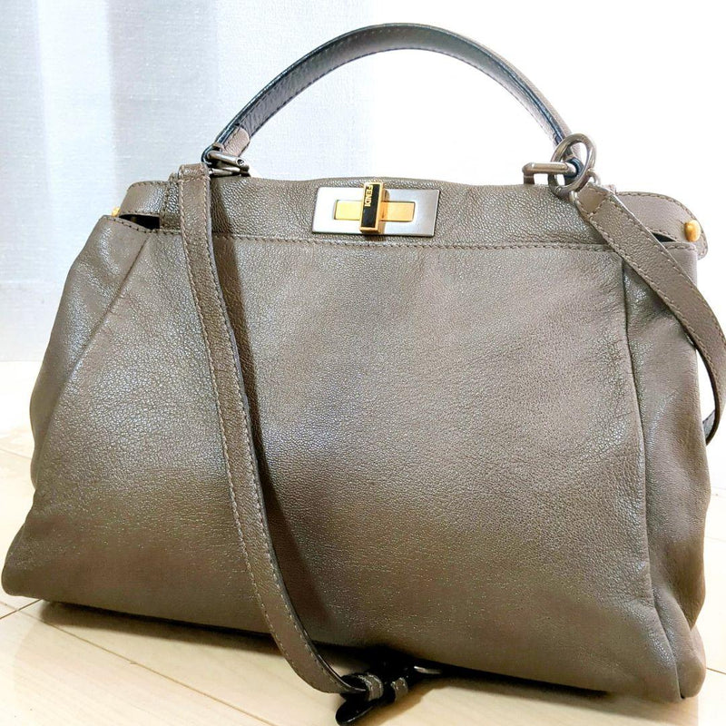 Fendi Peekaboo Medium Chevre 8BN226 2WAY Handbag Gray Leather Silver Gold