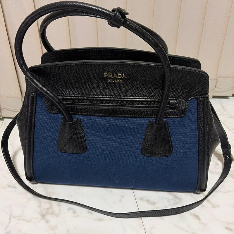 Prada Handbag Canvas Leather Shoulder Bag Navy Black