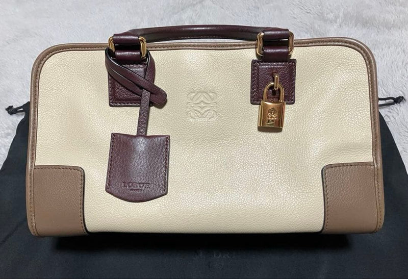 Loewe Amazona 28 Handbag Beige Brown Bordeaux Leather Gold Hardware