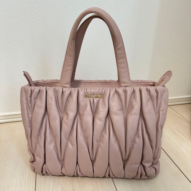 Miu Miu Matelasse 5BG062 2-Way Shoulder Handbag Sheep Leather Pink Beige