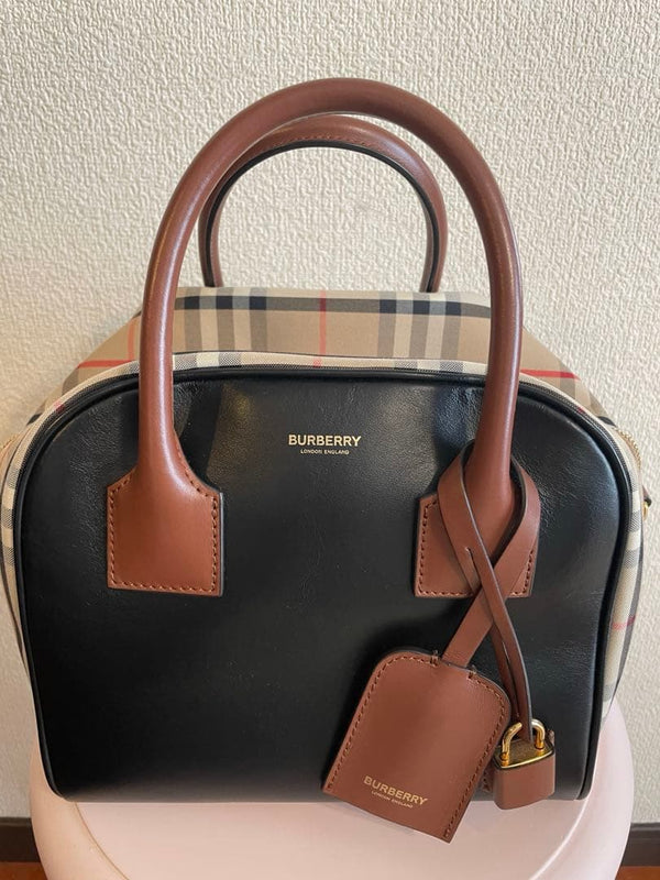 Burberry Multi-tone Handbag Tote Shoulder Bag Cowhide Leather Black Brown Check