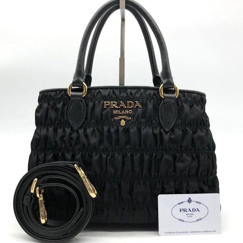 Prada Tessuto Gaufre 1BA173 2way Handbag Shoulder Bag Nylon Leather Black Gold