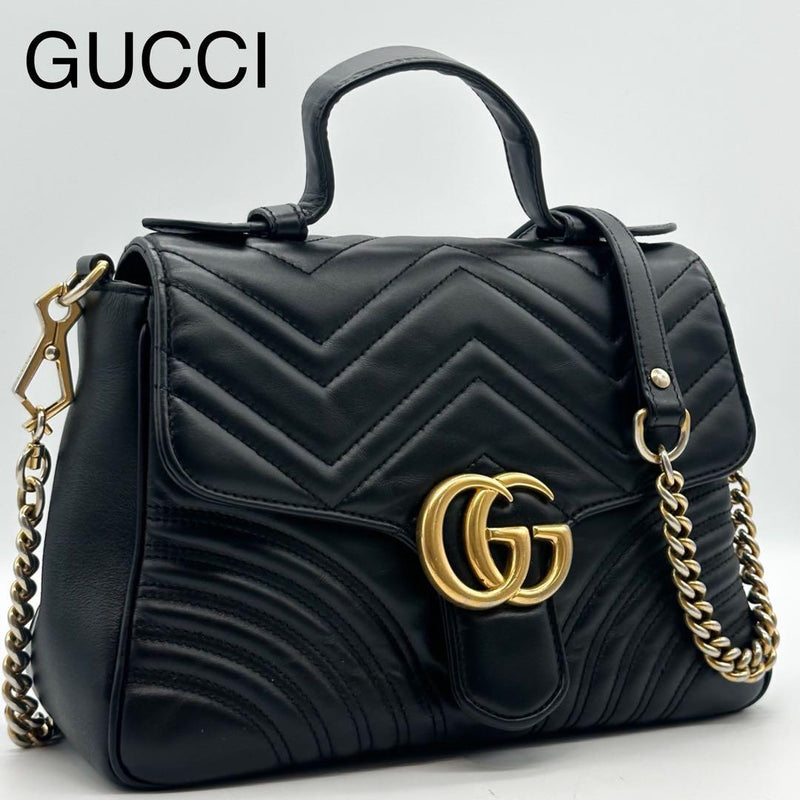 Gucci Gg Marmont 498110 2-Way Handbag Shoulder Bag Black Leather Gold Hardware