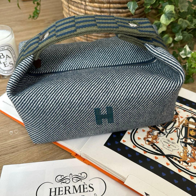 Hermes Bride A Brac H Nattes Pm Pouch Vanity Bag Wool Bleu Abysse