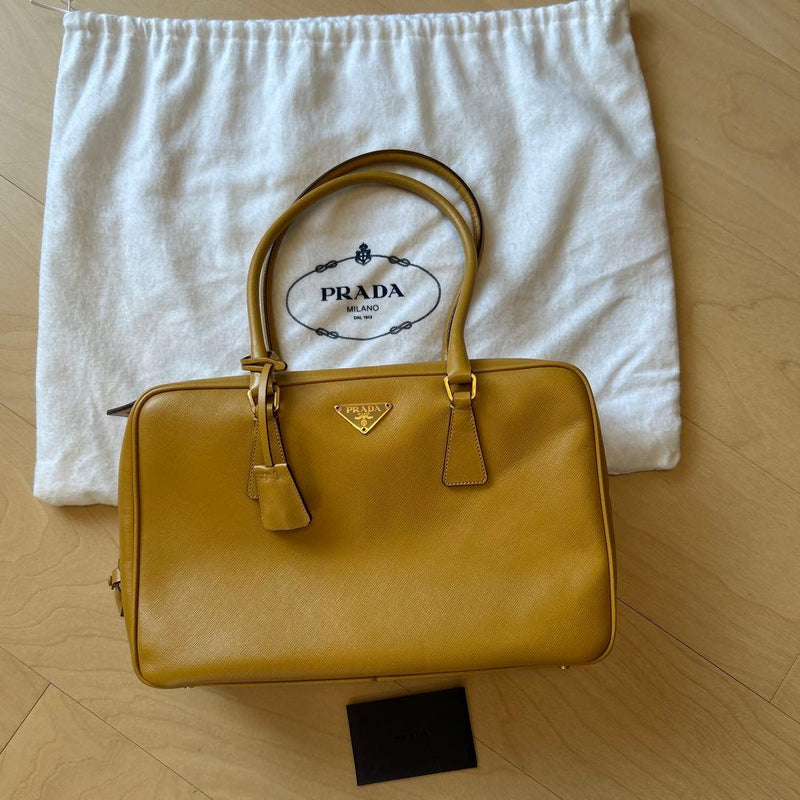 Prada Saffiano Lux Handbag Miele Beige Cowhide Leather Gold Hardware