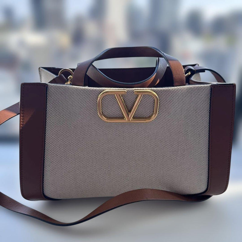 Valentino Garavani Vlogo Signature Tote Bag Canvas Natural Brown Gold Hardware