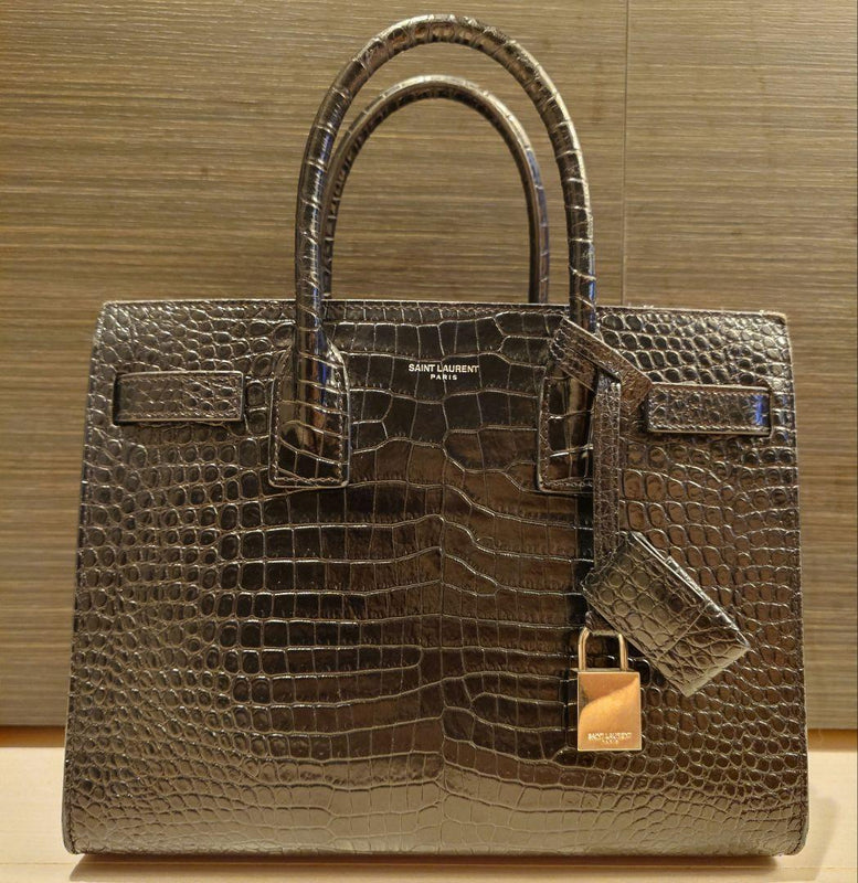 Saint Laurent Baby Sac De Jour Handbag Black Crocodile Embossed Silver Hardware