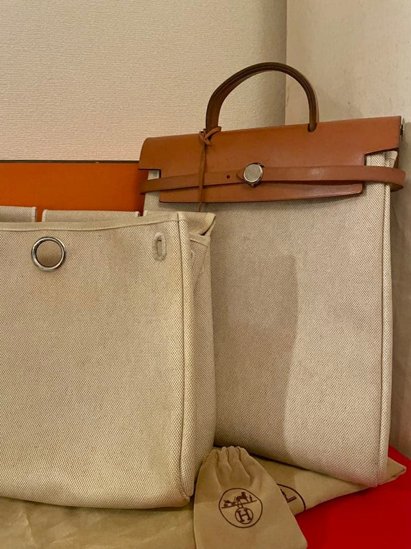 Hermes Herbag Pm Backpack Natural Leather Canvas Shoulder Bag