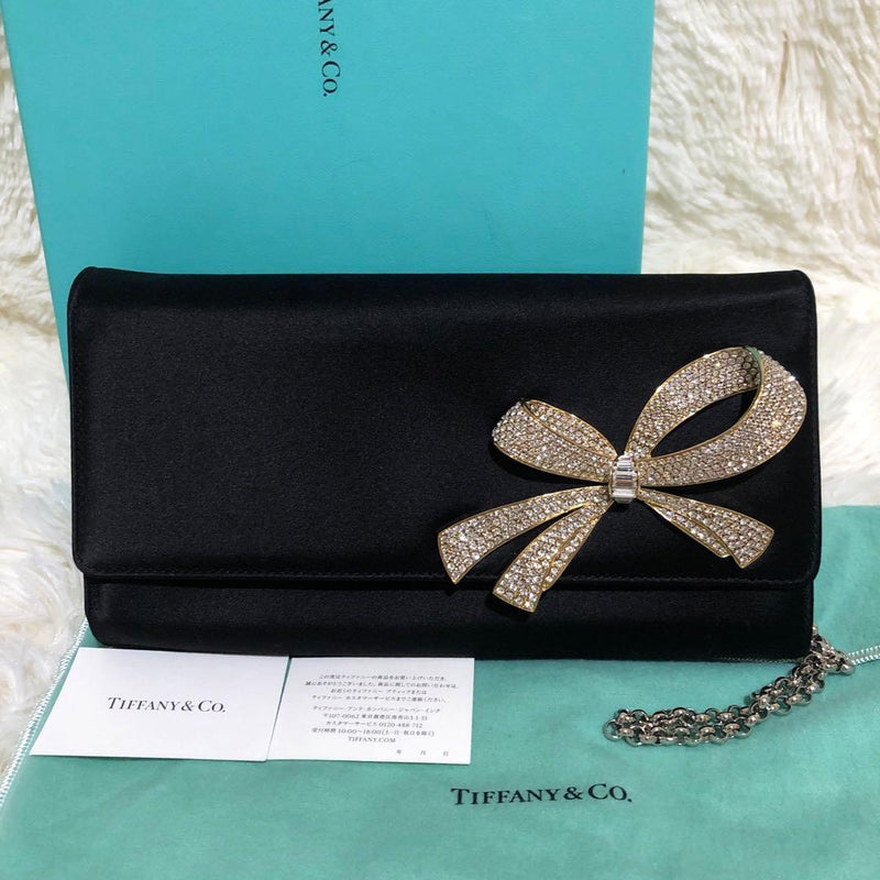 Tiffany Co. Satin Rhinestone Ribbon Party Handbag Clutch Black