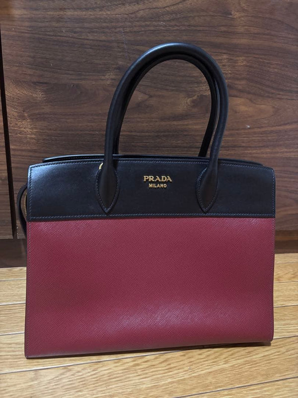 Prada Saffiano City C Medium 2-Way Handbag Shoulder Bag Cerise Nero