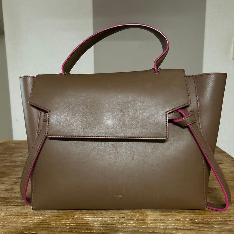 Celine Belt Bag Mini Handbag Shoulder Leather Brown Pink Bicolor