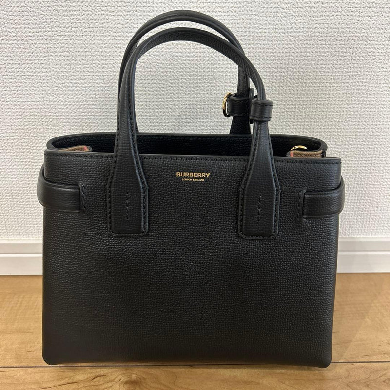 Burberry Banner Bag 2-Way Handbag Shoulder Bag Black Leather