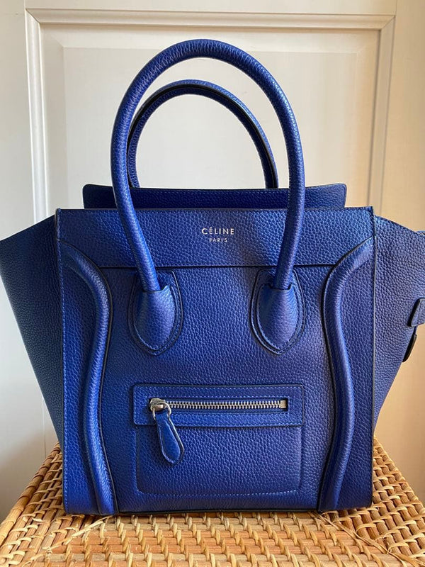 Celine Luggage Micro Shopper Handbag Blue Leather