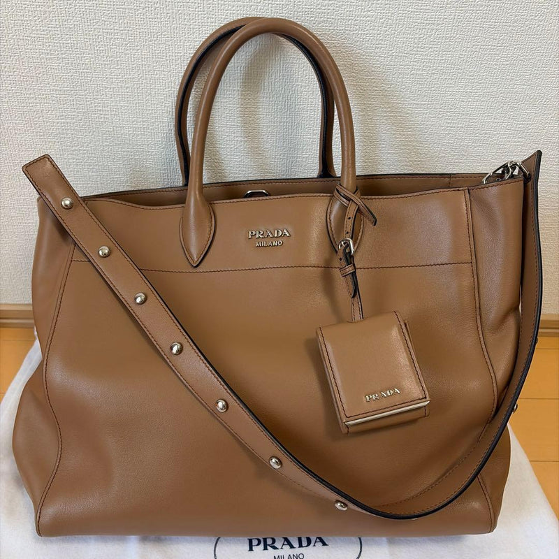 Prada Tote Bag Camel Leather Shoulder Handbag