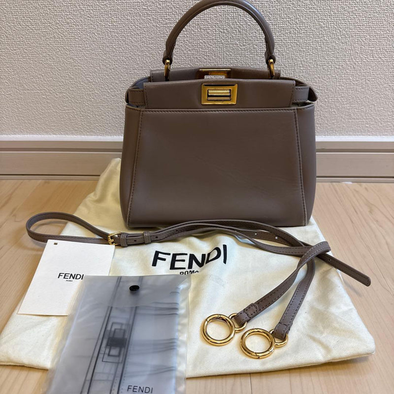 Fendi Peekaboo Mini Handbag Shoulder Bag Crossbody Beige Greige Gold Hardware