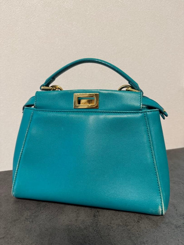 Fendi Peekaboo Mini Handbag Crossbody Shoulder Bag Green Leather Gold Hardware
