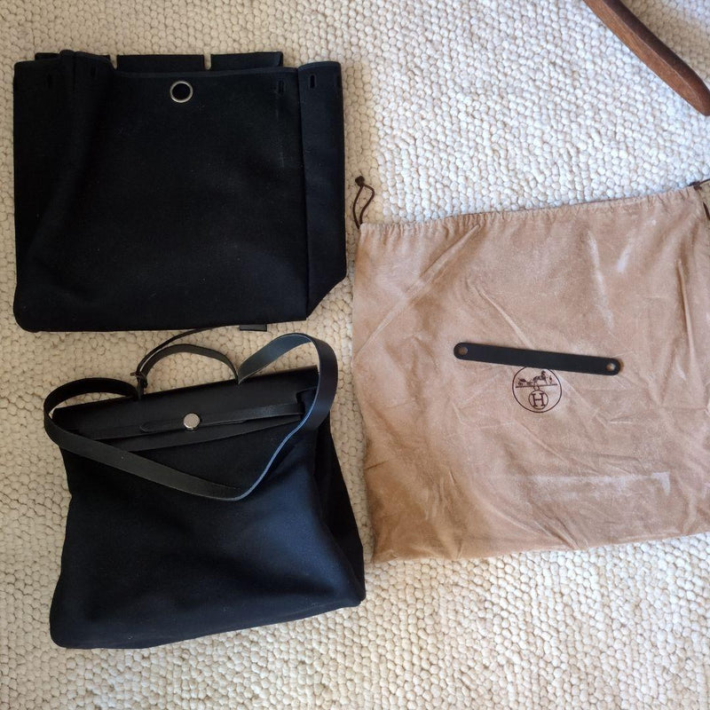 Hermes Herbag Mm 2-Way Shoulder Bag Canvas Leather Black Padlock