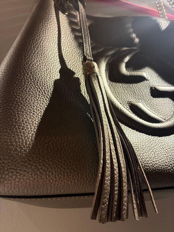 Gucci Soho Chain Shoulder Bag Calf Leather Champagne Gold Silver Hardware Tassel