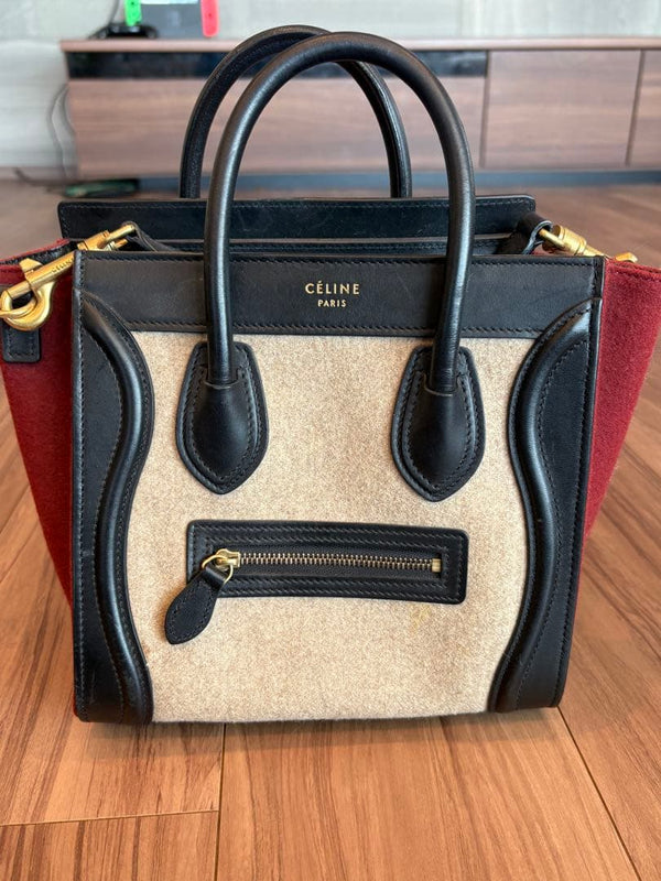 Céline Luggage Nano Handbag Wool Leather Beige Black Red Detachable Strap