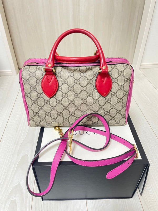 Gucci Gg Pattern Handbag Canvas Leather Beige Pink Red Shoulder Bag