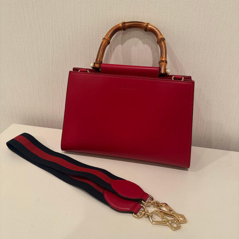 Gucci Bamboo Handle Tote Bag Red Leather Detachable Strap