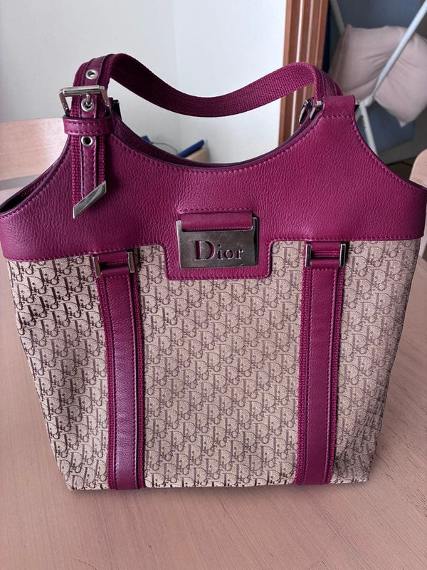 Dior Logo Design Tote Bag Canvas Leather Red Beige Handbag