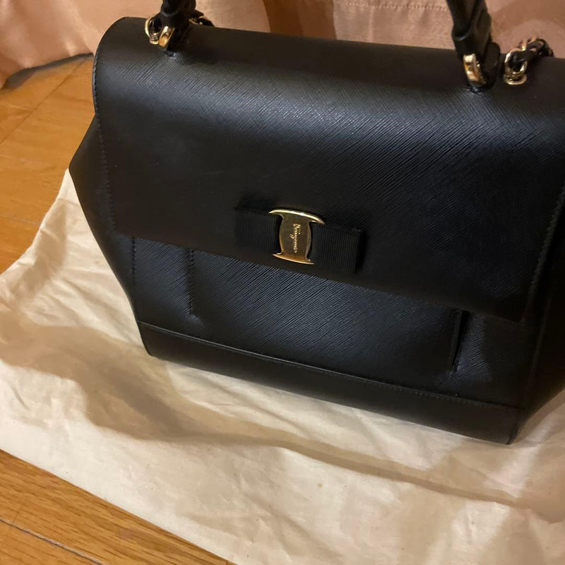 Salvatore Ferragamo Handbag Chain Handle Black Synthetic Leather Flap Ribbon