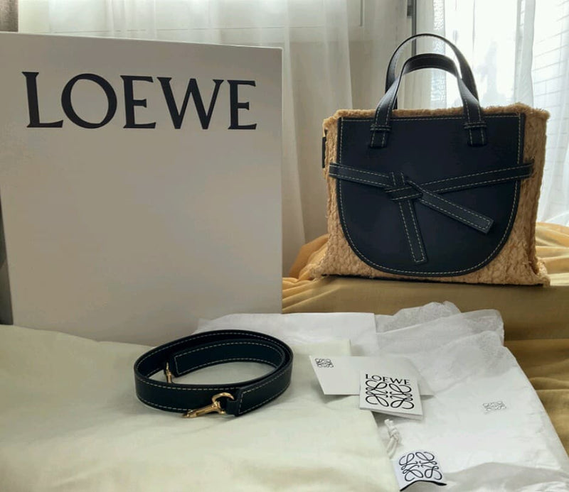Loewe Gate Top Handle Basket Bag Raffia Leather Black Handbag
