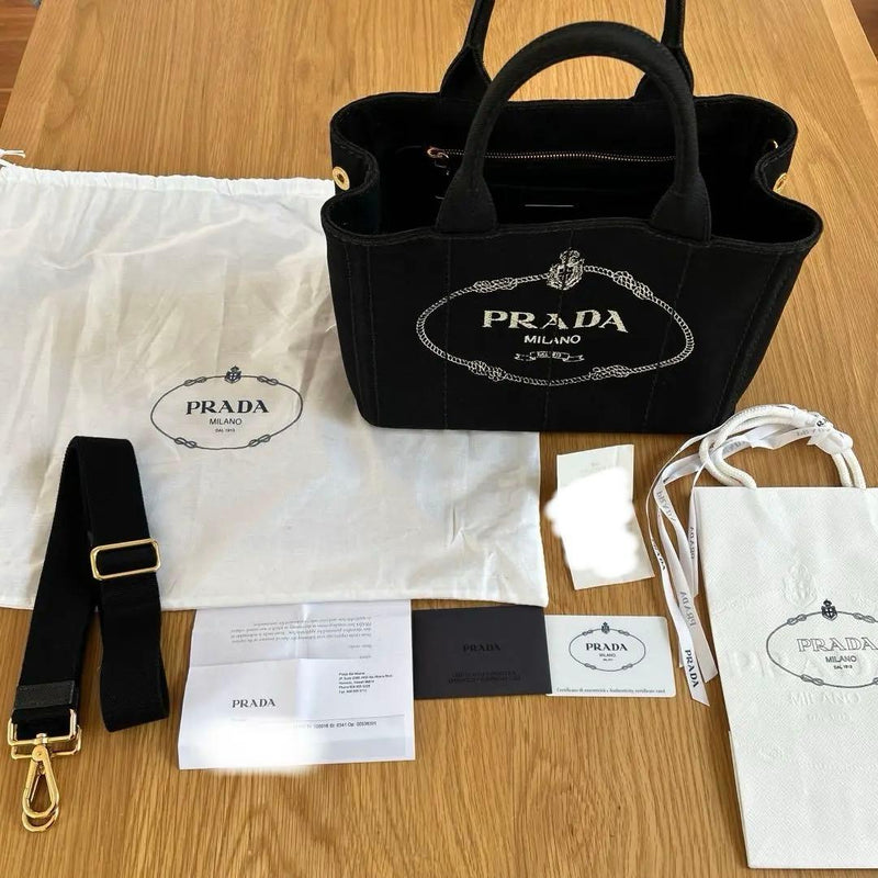 Prada Canapa Handbag Tote Shoulder Bag Canvas Black