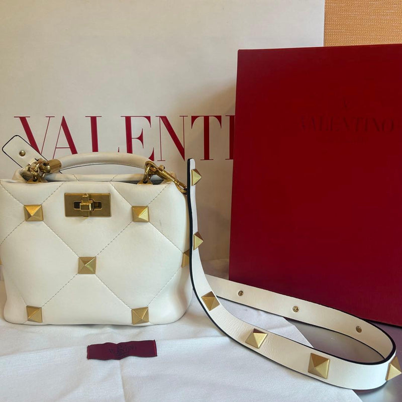 Valentino Garavani Roman Stud Handbag Nappa Leather Ivory Gold Hardware