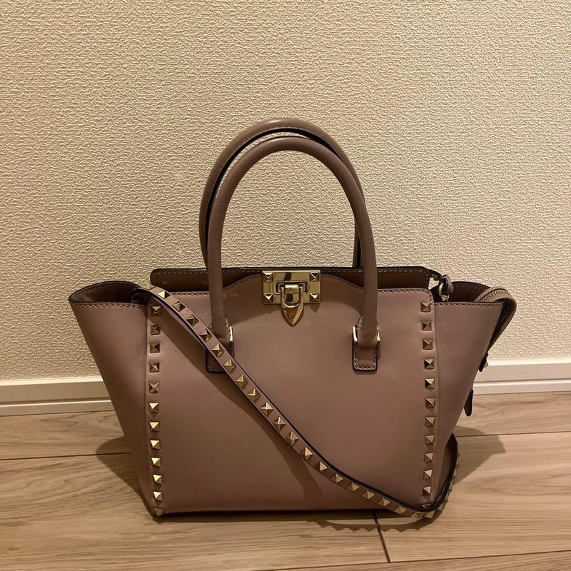 Valentino Rockstud 2WAY Tote Bag Pink Leather Shoulder Handbag