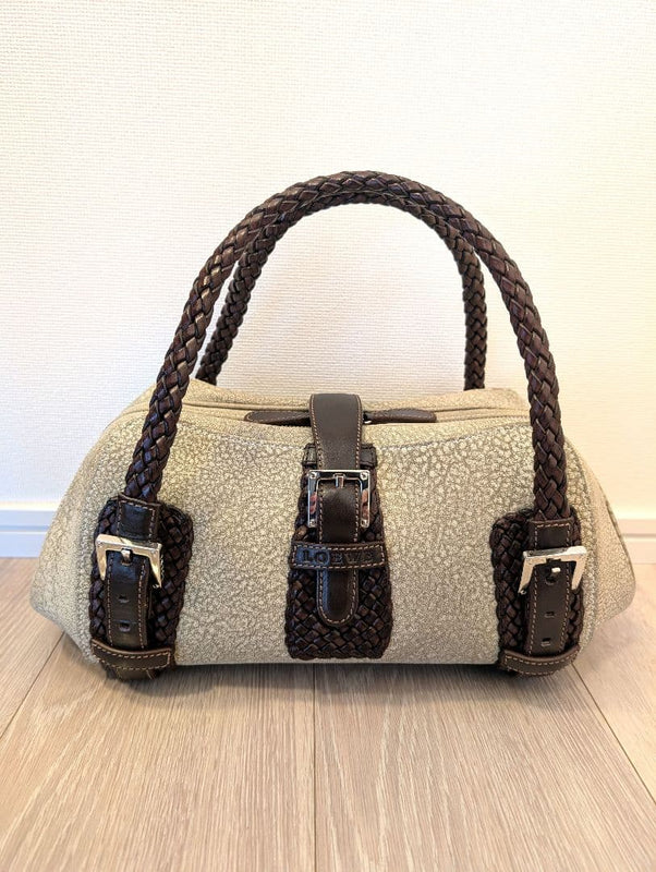 Loewe Senda Handbag Suede Greige Leather Shoulder Bag Tote Dark Brown Handles