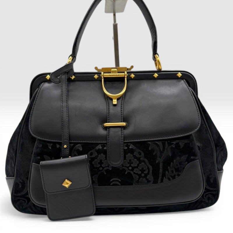 Gucci Horsebit Shoulder Bag Suede Leather Black Handbag