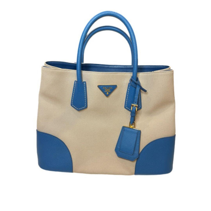 Prada Canvas Saffiano Leather Tote Bag Handbag Beige Blue Gold Hardware