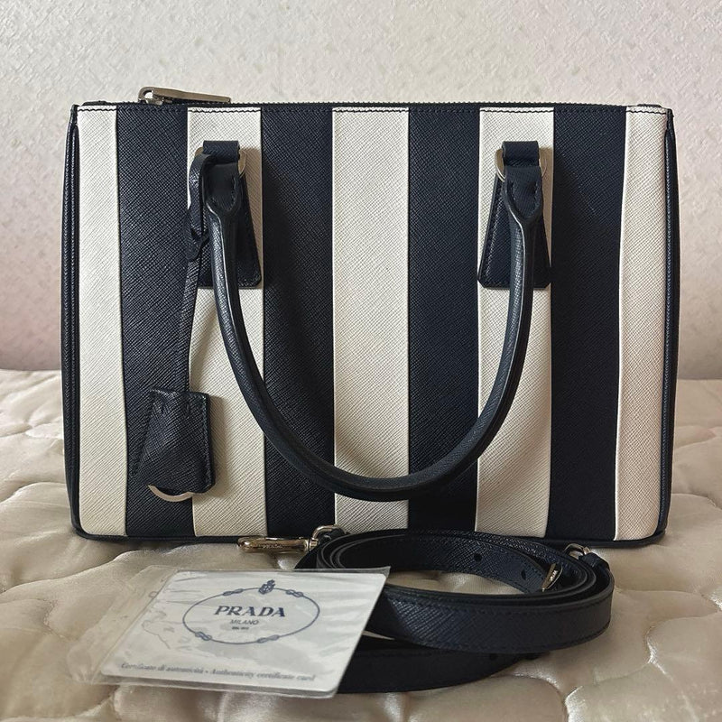 Prada Galleria Medium Handbag Saffiano Leather Navy White Stripe Shoulder Bag