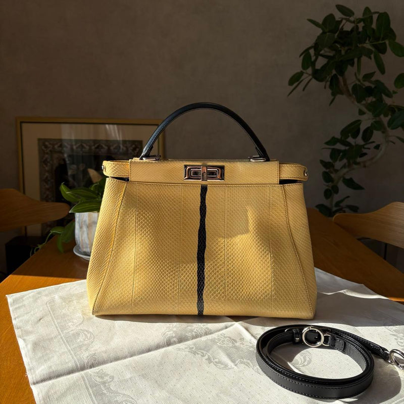 Fendi Peekaboo Handbag Python Leather Yellow Shoulder Bag