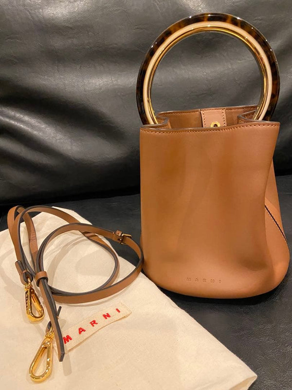 Marni Panier Handbag Tote Detachable Strap Brown Leather Beige Tortoiseshell
