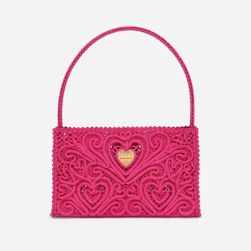 Dolcegabbana Cord Lace Embroidery Shoulder Bag Black Leather