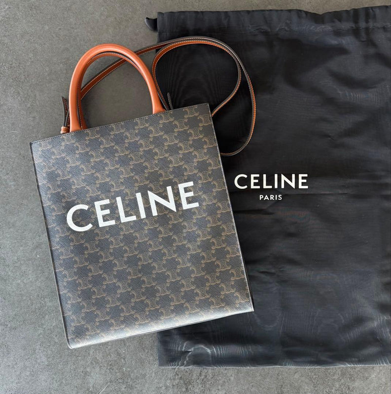 Celine Triomphe Canvas Small Vertical Cabas Tote Bag Calfskin Tan